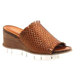 Diba True Sandals‎ Slides Wedge Platform Leather Woven Fringe Wood Brown Tan 9.5